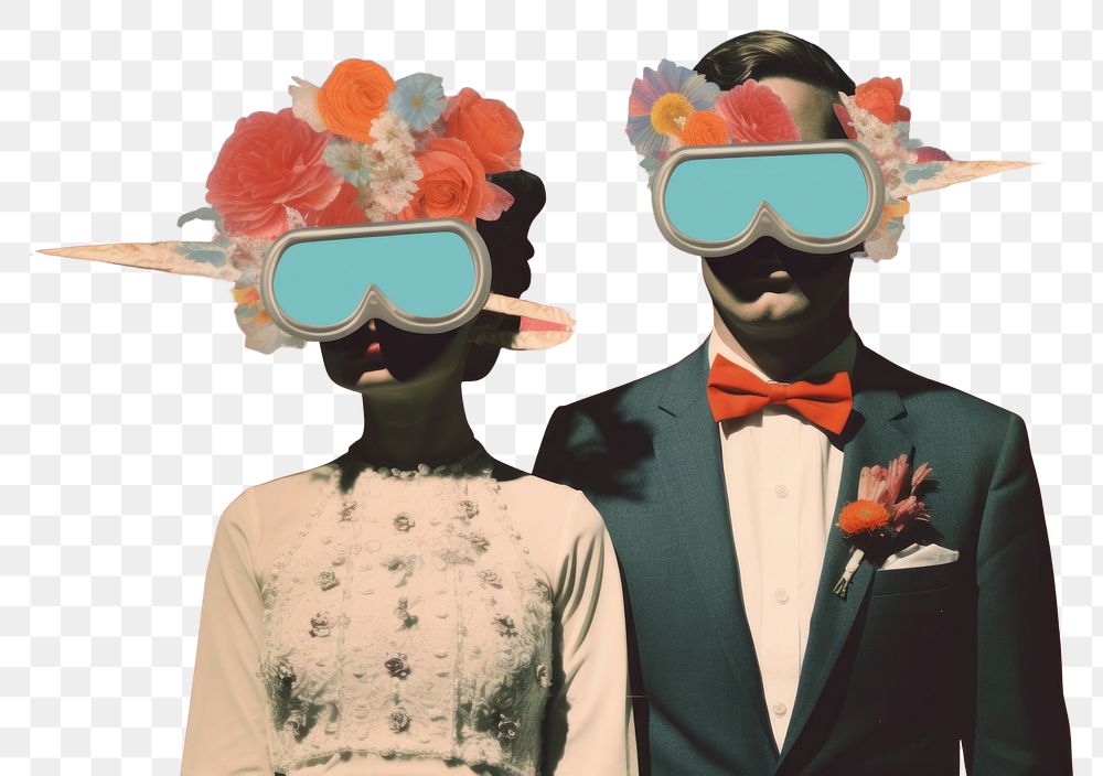 PNG  Collage Retro dreamy bride and groom glasses adult fun.