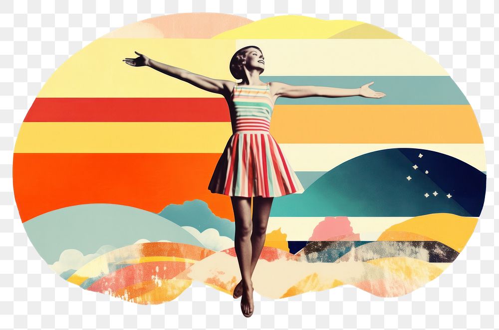 PNG  Collage Retro dreamy girl jumping dancing fun art.