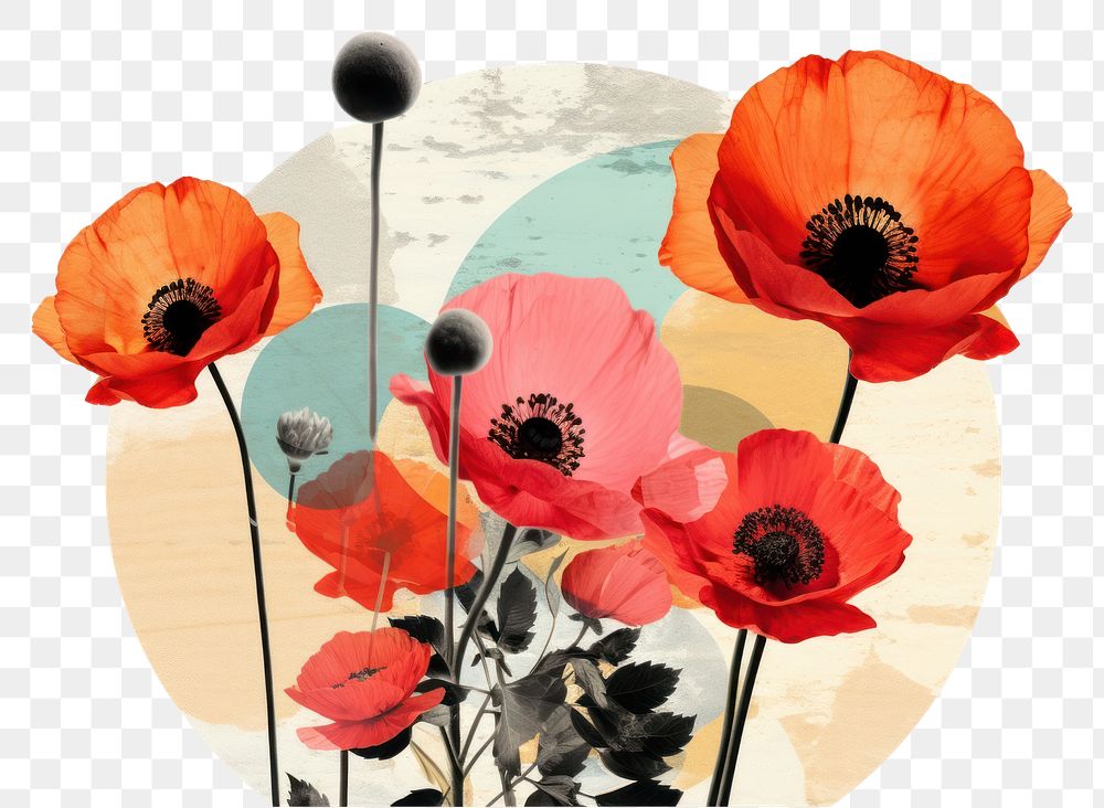 PNG  Collage Retro dreamy poppy flower plant art.