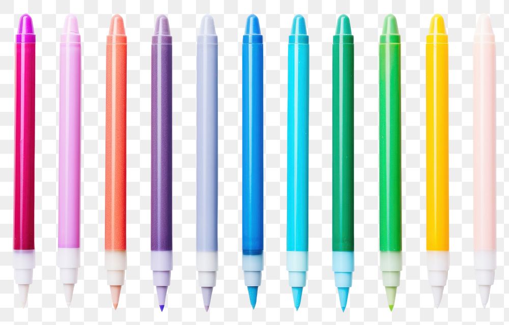 PNG  Multi colored markers pen white background arrangement.