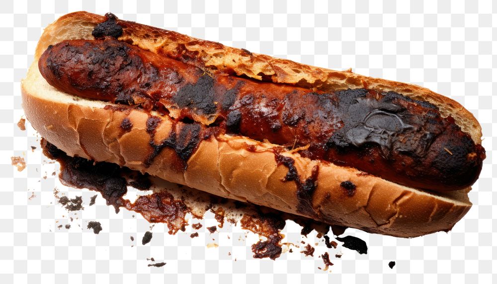 PNG  Hot dog with burnt food white background bratwurst.