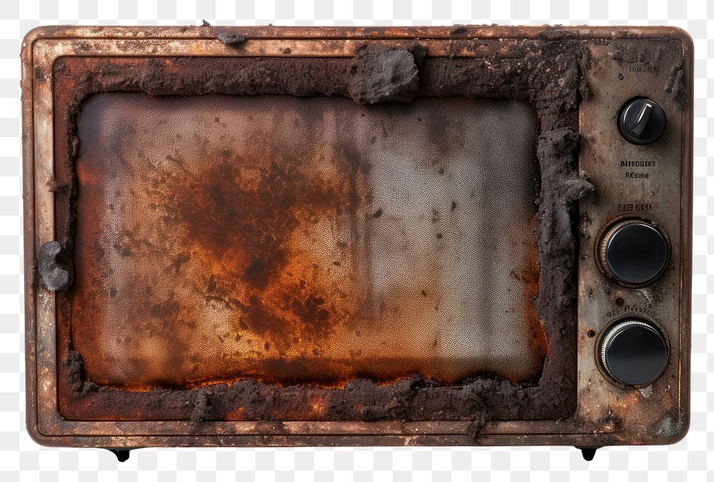 PNG  Microwave with burnt rust white background deterioration.