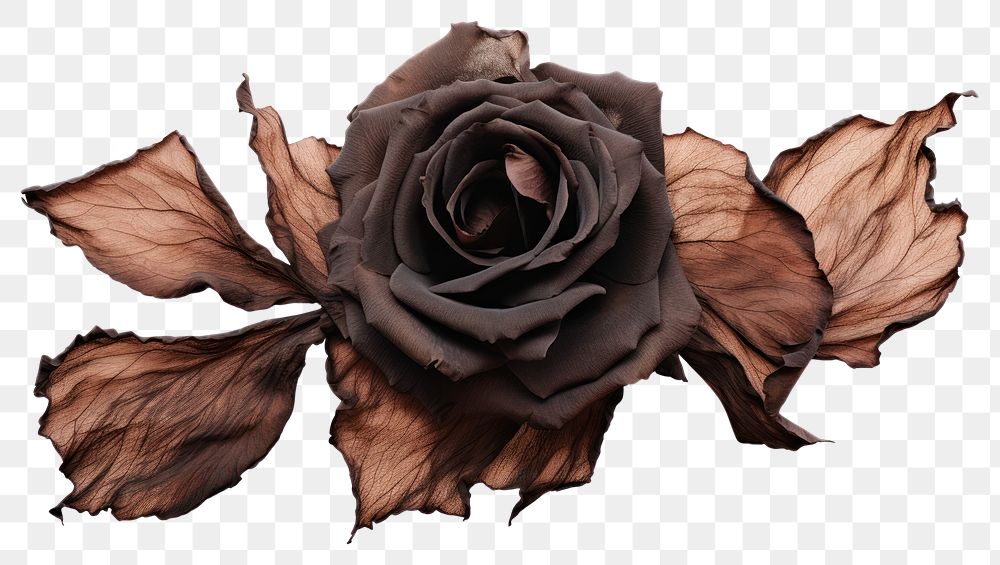 PNG  Rose petals with dark brunt flower plant white background.