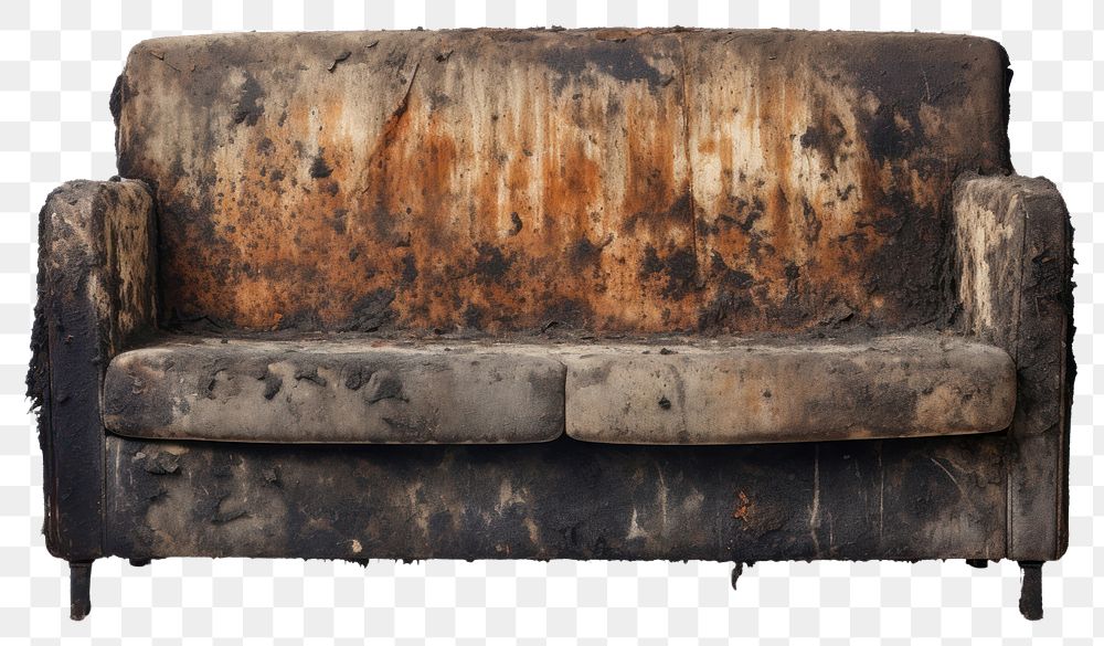 PNG  Sofa with burnt furniture white background deterioration.
