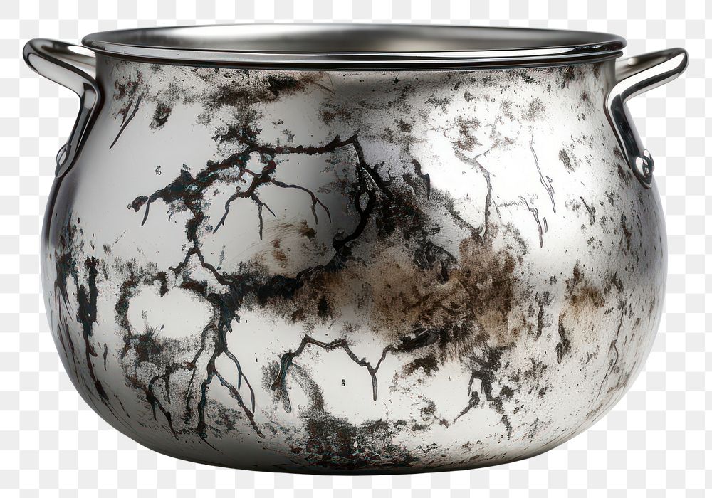 PNG  Stainless pot with burnt bowl white background flowerpot.
