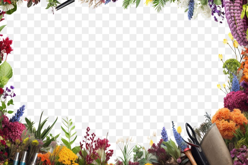 PNG  Gardening tools border frame outdoors flower nature.
