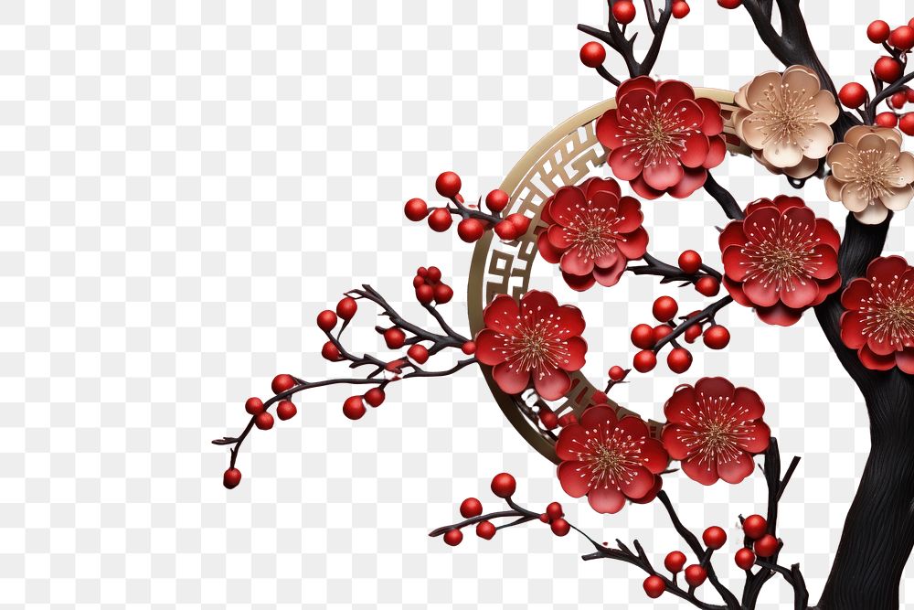 PNG  Chinese New Year style of Hand flower plant red.