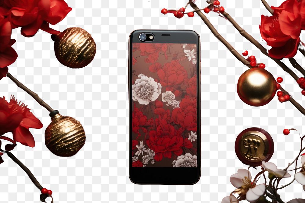 PNG  Chinese New Year style of smartphone flower plant red.