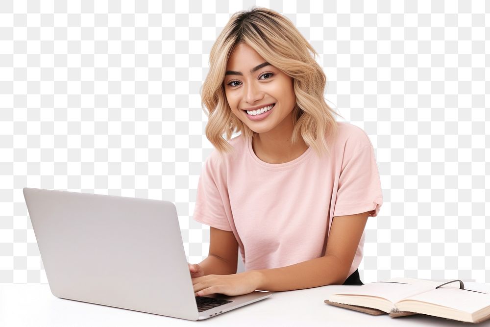 PNG Woman using laptop computer sitting smile. AI generated Image by rawpixel.