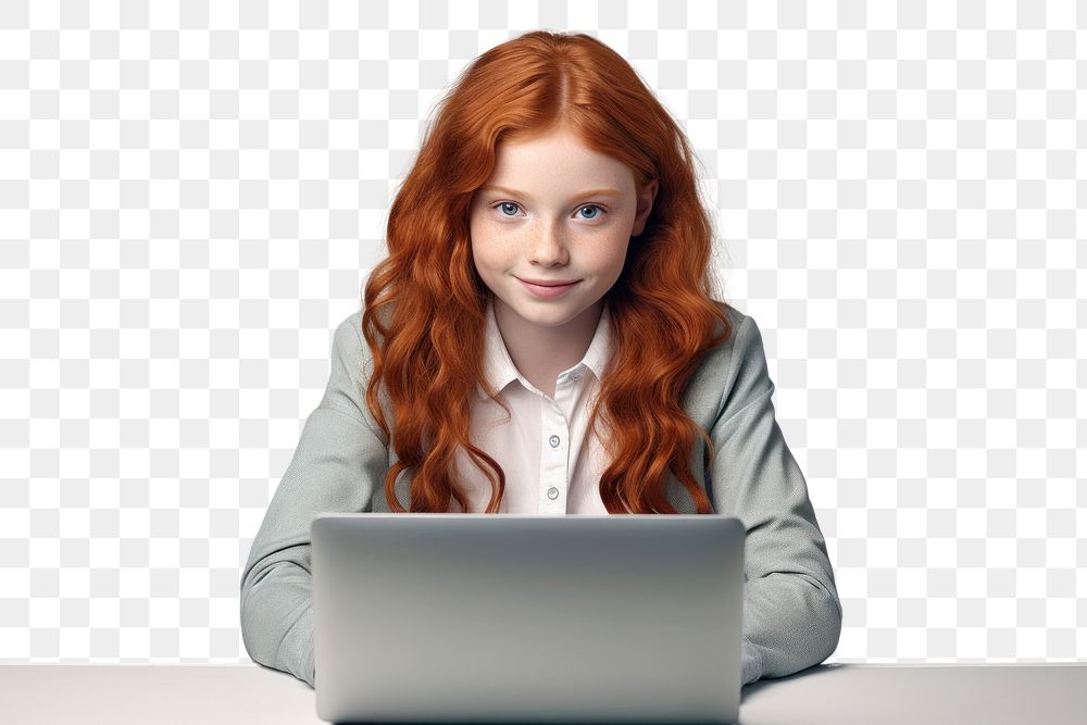 PNG Young girl using laptop computer portrait photo. AI generated Image by rawpixel.
