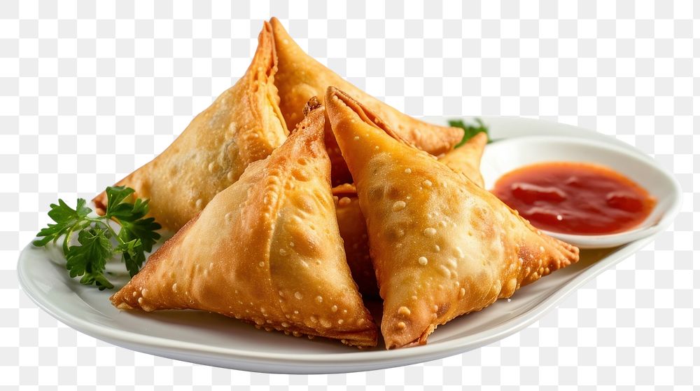 PNG  Samosa on dish food appetizer condiment.