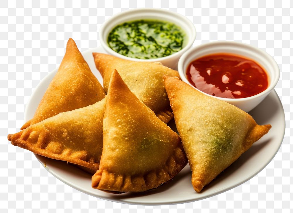 PNG  Samosa snack served with tomato ketchup and mint chutney food appetizer condiment.