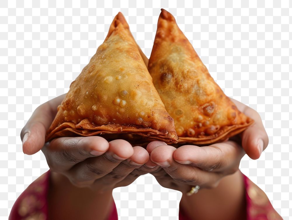 PNG  Woman holding fresh cut samosa bread food white background.