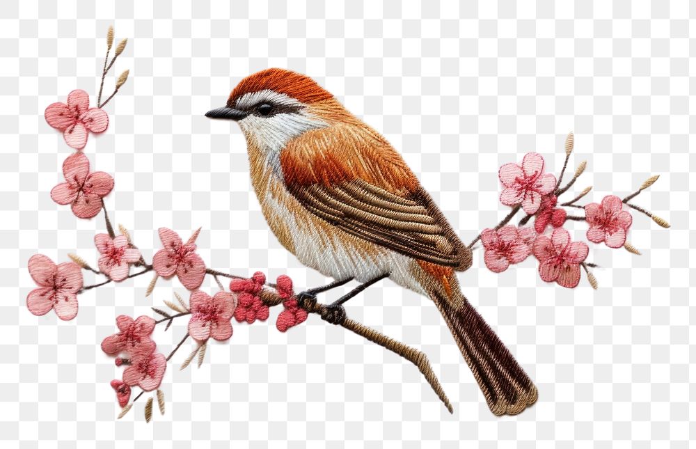 PNG  Cute bird in embroidery style sparrow flower animal.