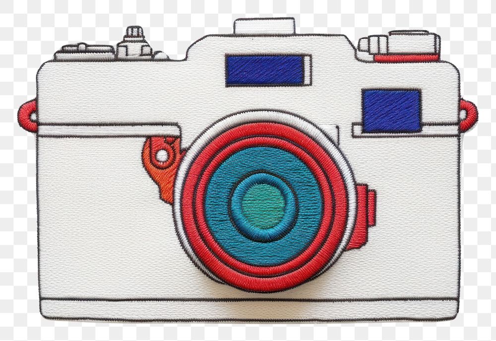 PNG  Cute Camera in embroidery style camera pattern photographing.
