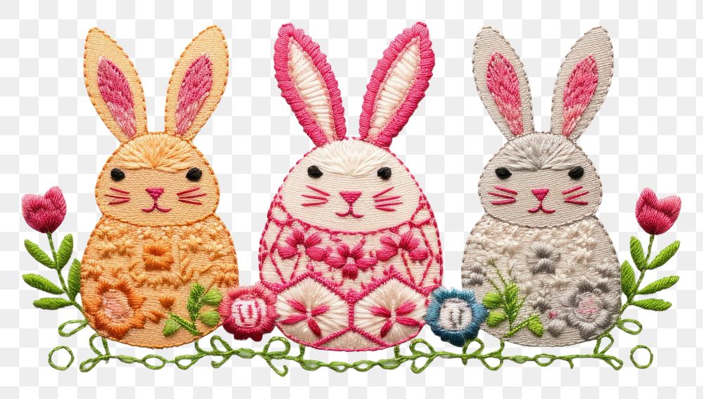 PNG  Cute easters in embroidery style pattern art anthropomorphic.