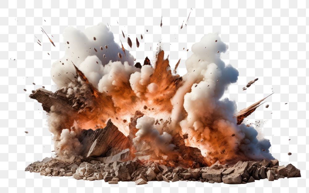 PNG  Controlled avalanche explosion fire white background destruction.