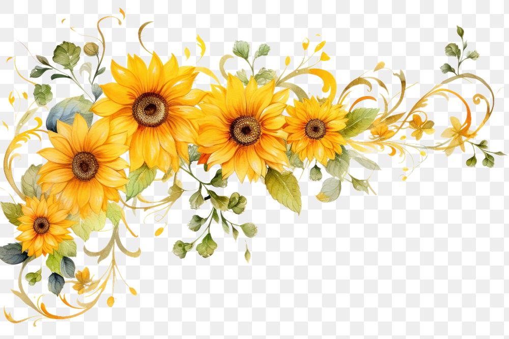 PNG Sunflower watercolor border pattern plant white background.