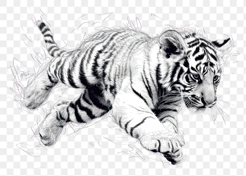 PNG Tiger cub jump drawing wildlife animal.