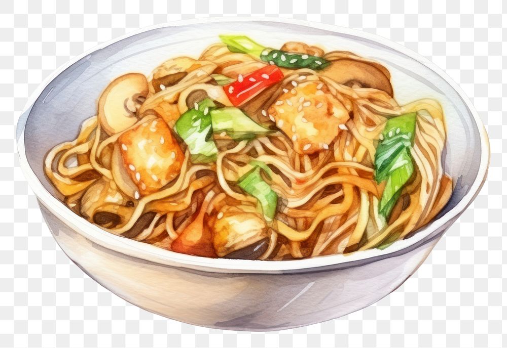 PNG Watercolor chow mien noodle plate food. AI generated Image by rawpixel.