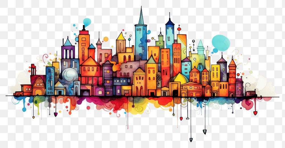 PNG  Colorful building skyline drawing painting sketch.
