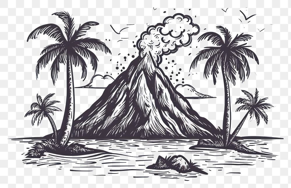 PNG Erupting volcano on an island drawing outdoors sketch.