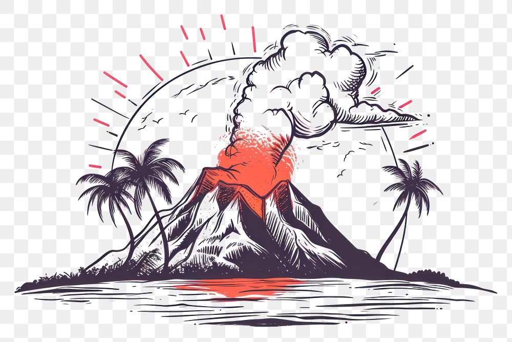 PNG Erupting volcano on an island outdoors drawing art.
