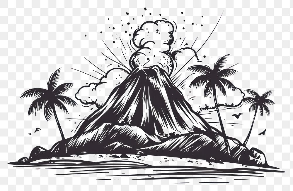 PNG Erupting volcano on an island drawing outdoors sketch.