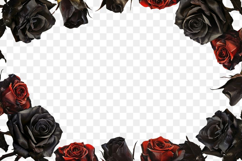 PNG  A black valentine rose border isolated on white flower petal plant.