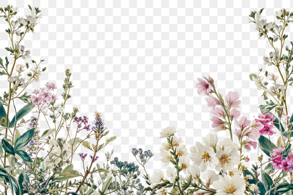 PNG  A fresh Spring floral border isolated on white outdoors blossom pattern.