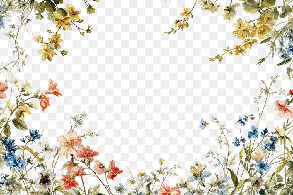 PNG  A fresh Spring floral border isolated on white painting pattern backgrounds.