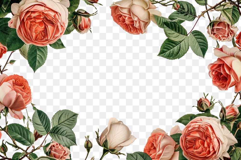 PNG  A rose floral border isolated on white pattern flower plant.