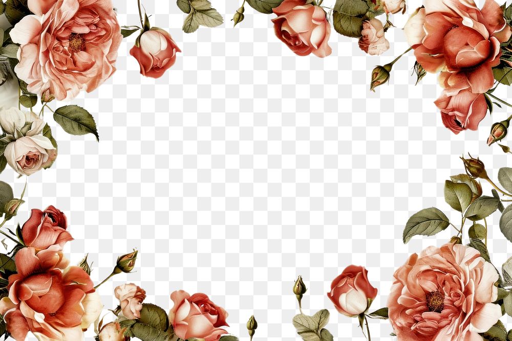 PNG  A rose floral border isolated on white painting pattern flower.