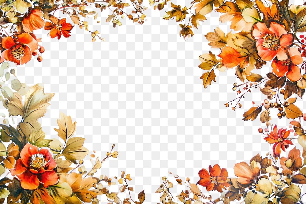 PNG  An Autumn floral border isolated on white painting pattern flower.