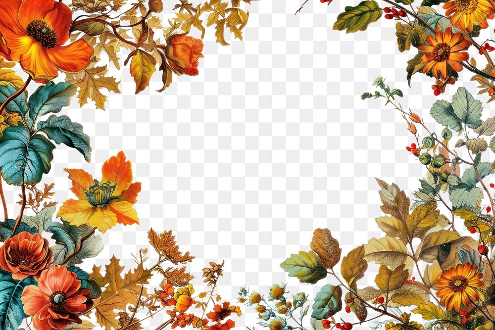 PNG  An Autumn floral border isolated on white painting pattern flower.