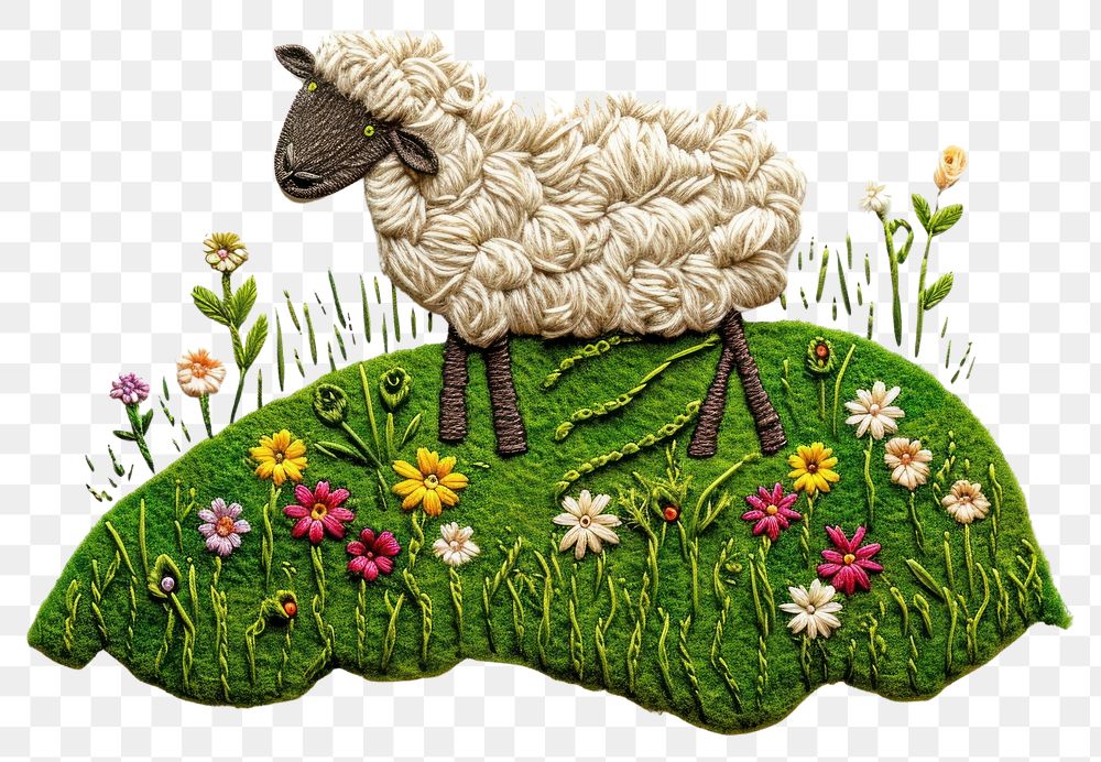 PNG  A sheep embroidery flower grass.