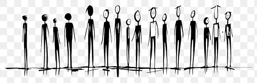 PNG Stickpeople standing in line drawing sketch art.