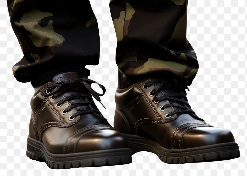 PNG  Wearing military shoes footwear fashion street.