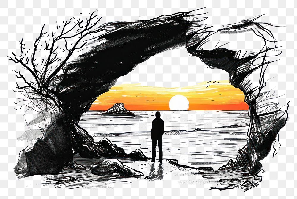 PNG Sunset through a cave silhouette outdoors drawing.