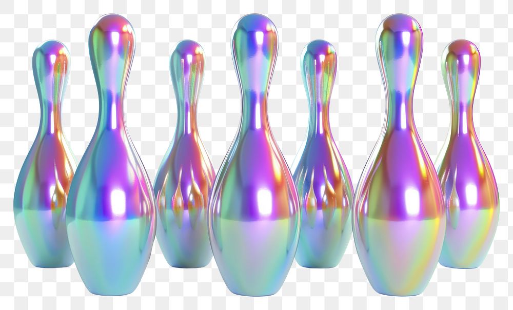 PNG  Bowling pins iridescent white background futuristic repetition.