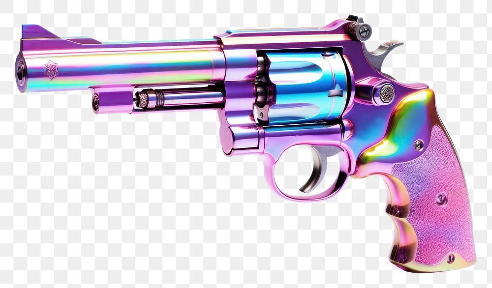 PNG  Revolver iridescent handgun weapon white background.