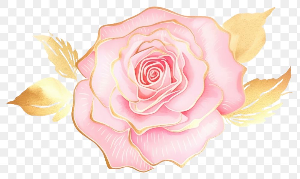 PNG  Watercolor rose with thin golden glitter outline stroke flower petal plant.