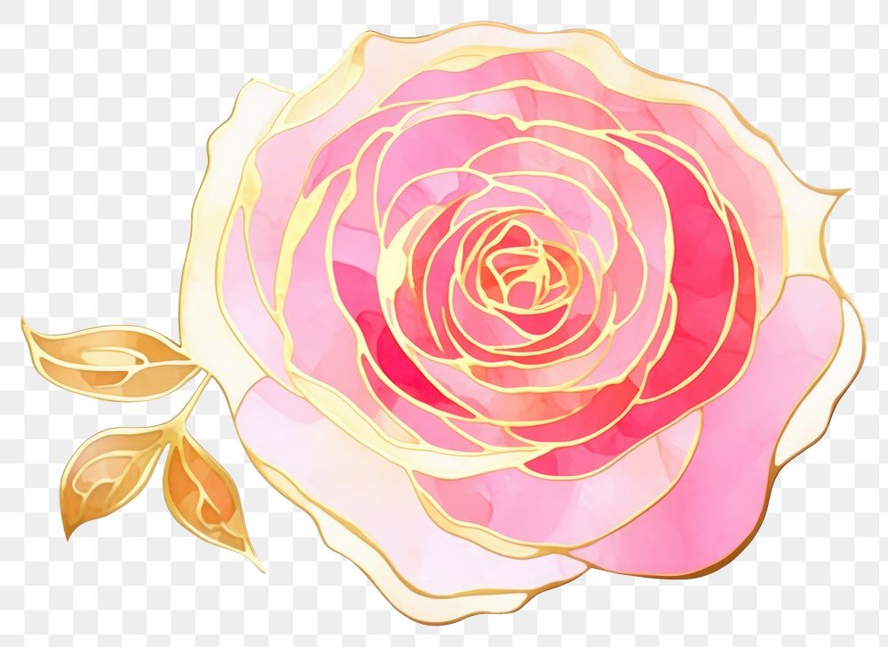 PNG  Watercolor rose with thin golden glitter outline stroke flower petal plant.