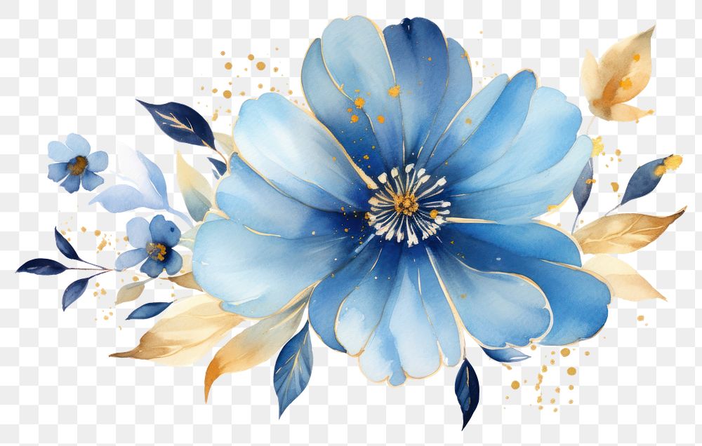 PNG  Blue flower watercolor and golden glitter outline stroke pattern petal plant.