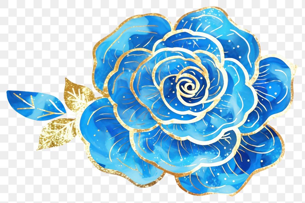 PNG  Blue rose watercolor and golden glitter outline stroke pattern flower plant.