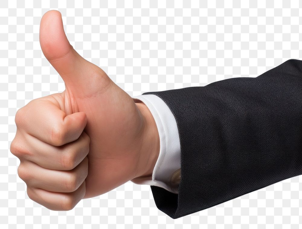 PNG Businessman hand showing thumb up finger white background achievement.