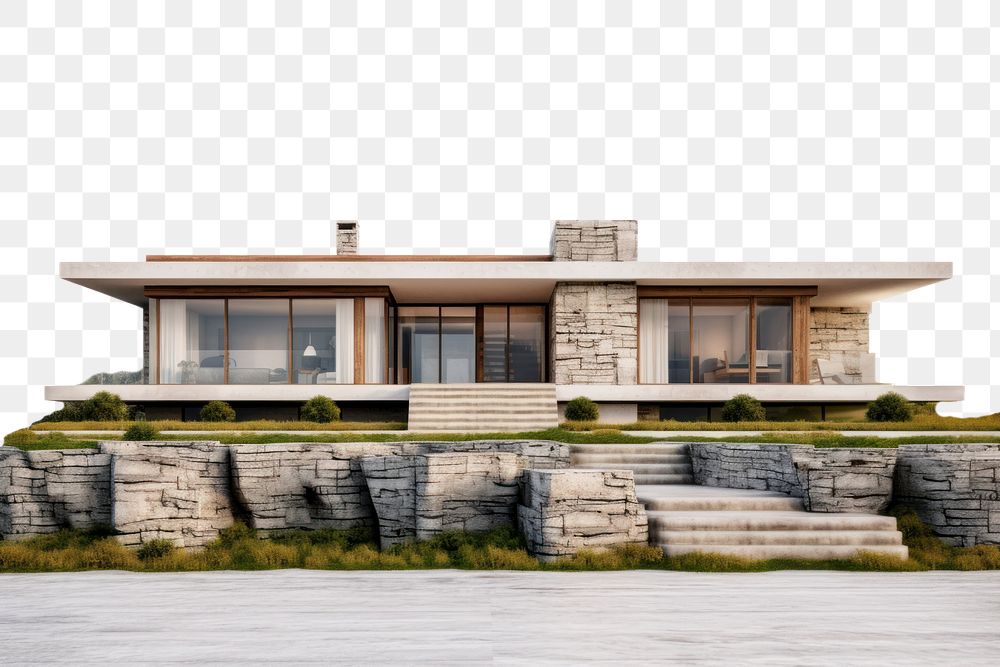 PNG  Modern stone house architecture building grass. AI generated Image by rawpixel.