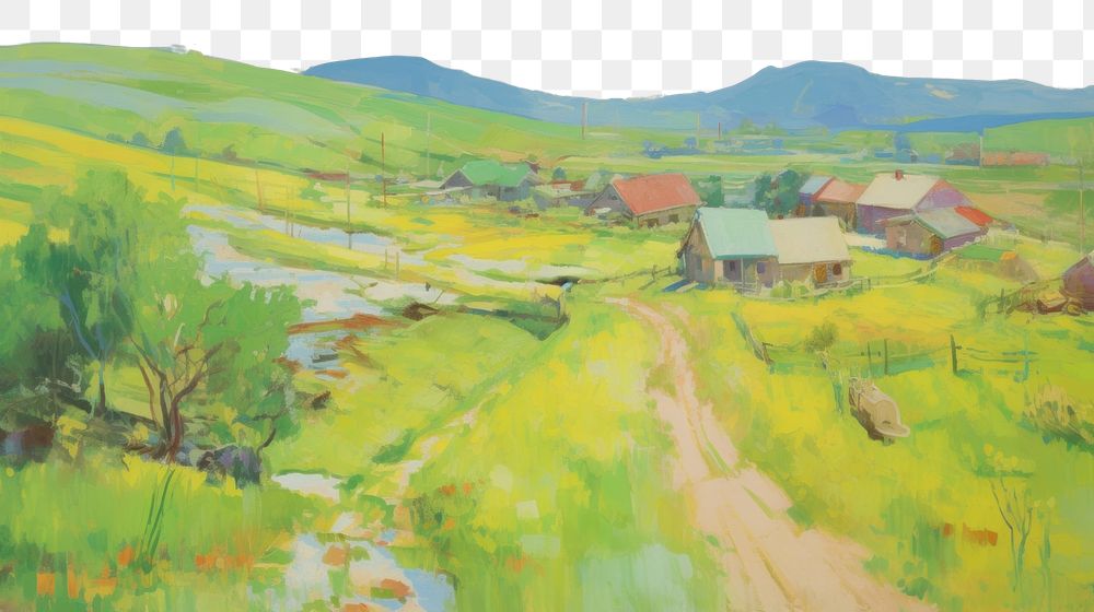 PNG  Farmland painting architecture landscape. AI generated Image by rawpixel.