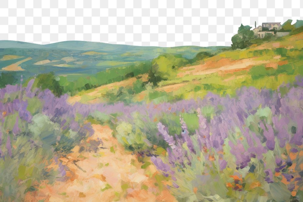 PNG  Hilly lavender field painting grassland outdoors. AI generated Image by rawpixel.