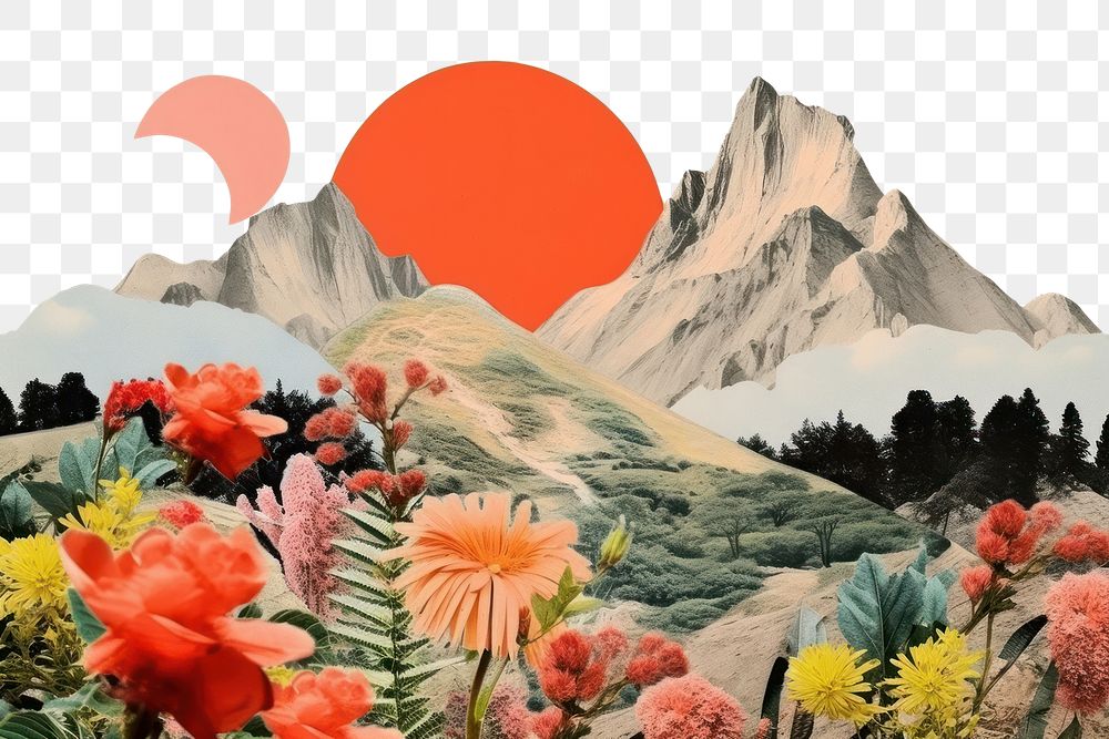 PNG Collage Retro dreamy nature art landscape mountain.